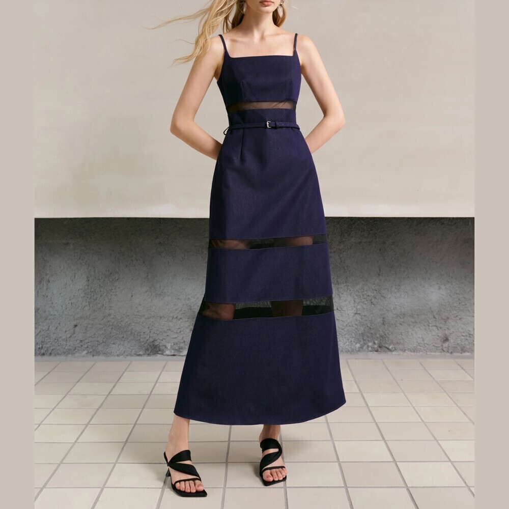 Navy Blue Sheer Mesh Stripe Panel Belted Spaghetti Strap Maxi Dress